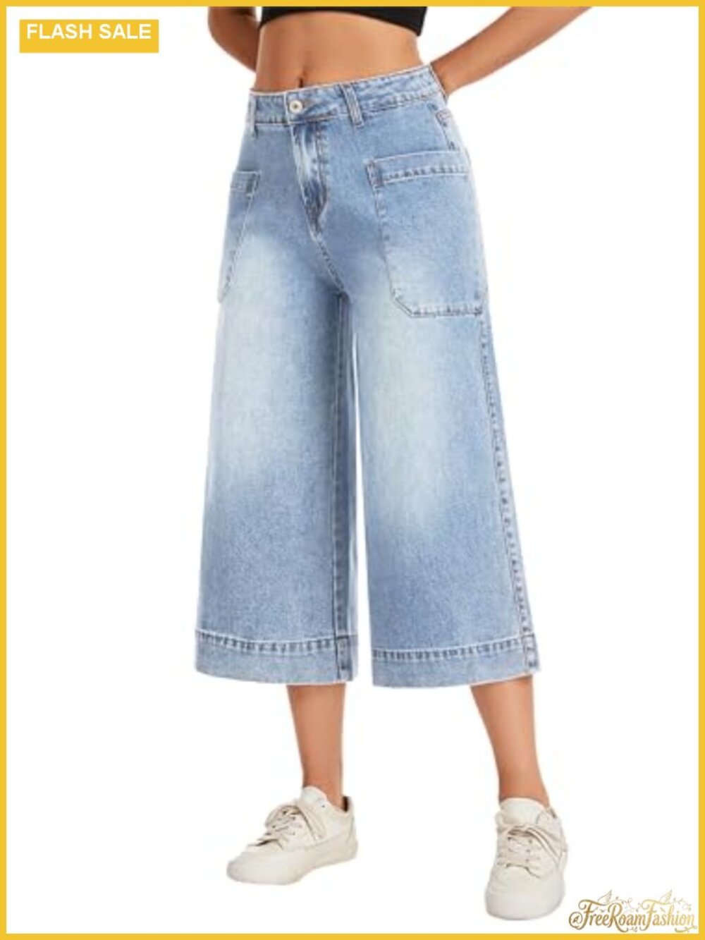 High Waisted Wide Leg Capri Jeans Stretchy Denim Pants